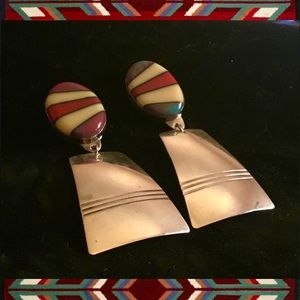 NATIVE AMERICAN TURQUOISE FM STERLING SILVER LARGE STATEMENT EARRINGS